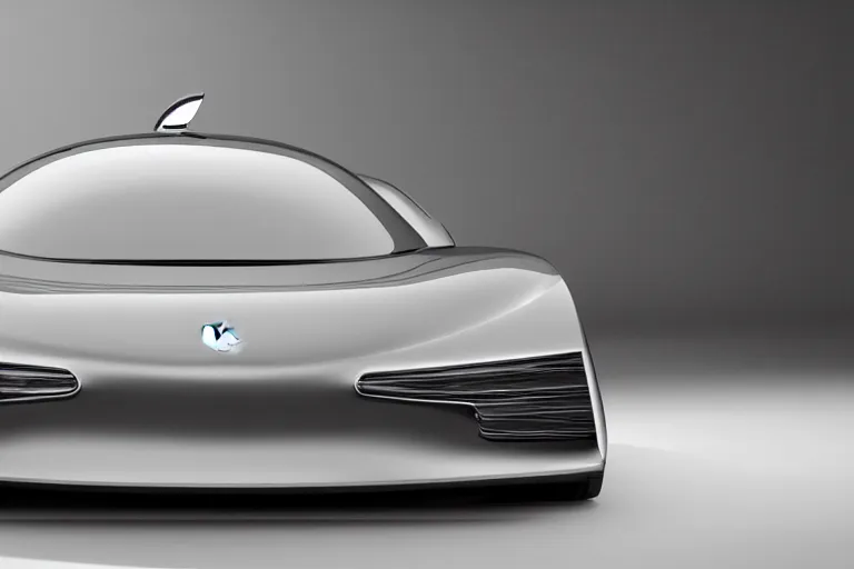 Image similar to a car designed by the technology company Apple Inc., side-front view, studio photo