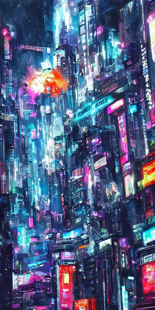 Image similar to photo of futuristic paintings displayed on big screen in cyberpunk city, enormously detailed, digital painting