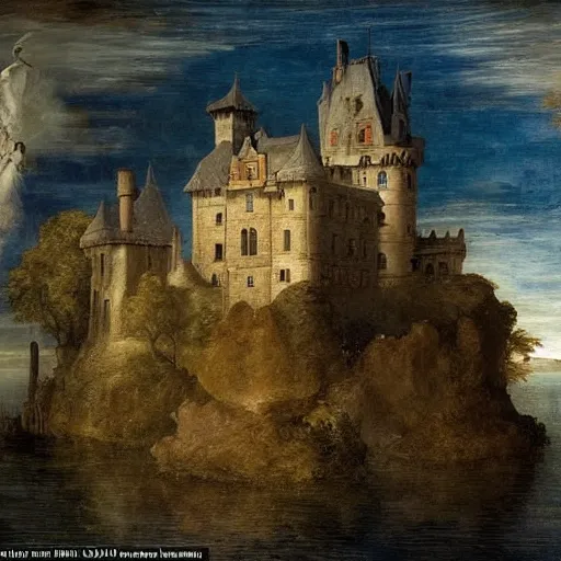 Prompt: an abandoned castle that sits on an island in the middle of a dark lake, there are cobwebs and dust hanging all over the castle and there is a ghostly apparition in one of the windows, a worn boat floats on the lake in front of the castle, renaissance painting, high quality