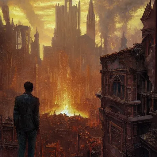 Prompt: Oil painting of a man overlooking town ruins, ashes, burning cathedral, D&D, Magic The Gathering, by Craig Mullins, intricate details, light rays from the surface, Nekro, Victo Ngai, centered, symmetrical, volumetric lighting