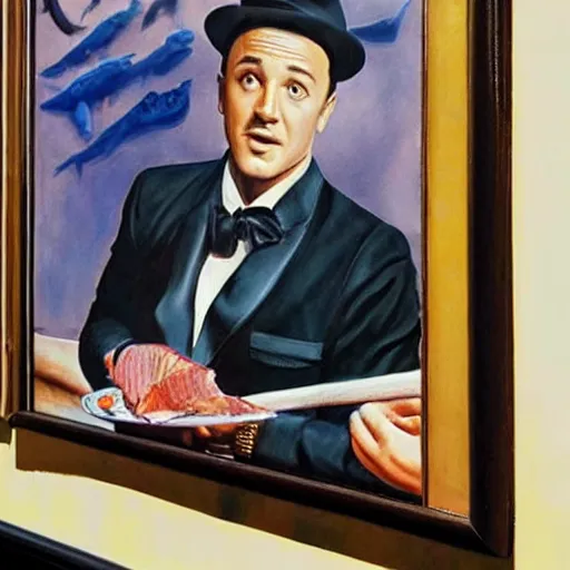 Image similar to beautiful lifelike painting of gene kelly demanding a refund on undercooked overpriced dinosaur steak in downtown dive bar bistro, hyperreal detailed facial features and uv lighting, art by osamu sato and ryu noguchi