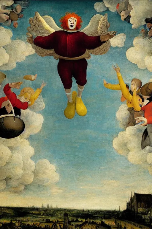 Prompt: ronald mcdonald as an angel ascending into the heavens with wings made of french fries, directly above a mcdonalds restaurant, halo, sunbeams, clouds, oil on panel, by pieter brueghel