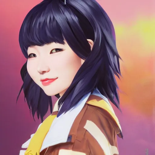 Image similar to Portrait painting Yukiko okada japanese idol wearing a jacket and a collar, as an Overwatch character, medium shot, asymmetrical, profile picture, Organic Painting, sunny day, Matte Painting, bold shapes, hard edges, street art, trending on artstation, by Huang Guangjian and Gil Elvgren and Sachin Teng