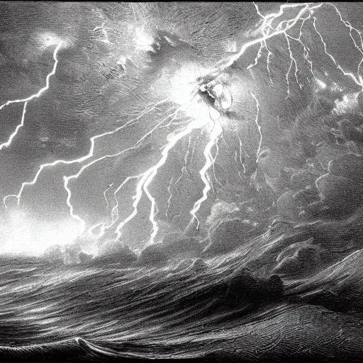 Image similar to drawing close up of large pepe the frog fighting lightning storm above a stormy ocean, by gustave dore, nineteenth century, black and white, vintage, science fiction, epic composition, dramatic lighting, highly detailed.