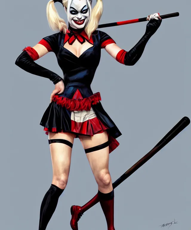 Image similar to Caricature of Margot Robbie as Harley Quinn, fully dressed. Full bodied pose, with baseball bat, highly detailed, digital painting, artstation, concept art, smooth, sharp focus, illustration, art by artgerm and greg rutkowski and alphonse mucha