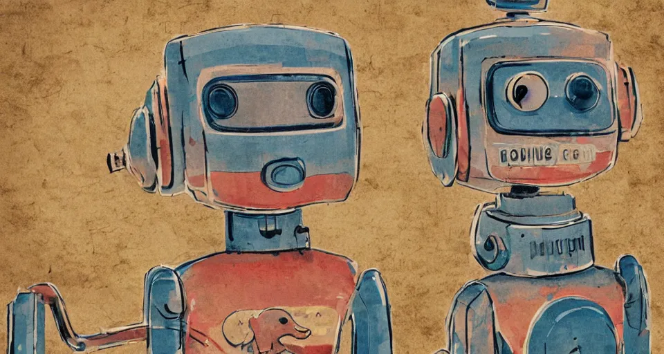 Image similar to a detailed illustration of a cute retro robot dog, alcohol inks on parchment, muted colors, detailed, textured parchment background, 1 9 5 0 s concept art