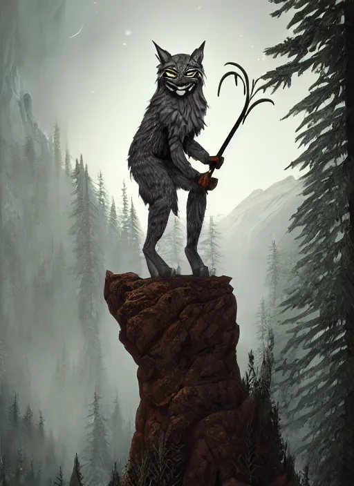 Image similar to anthropomorphic lynx standing tall, holding a scepter, night, spruce trees on the sides, mountains in the background, eerie dark atmosphere, moonlit, back light, fantasy movie, fantasy art, fantasy matte painting, trending on artstation