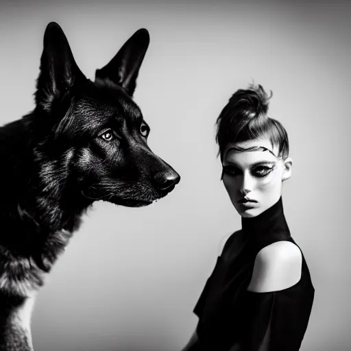 Image similar to fashion photography of a model with the head of a german shepherd, wearing futuristic hip - hop fashion, inside berghain, futuristic fashion, photo 3 5 mm leica, hyperdetail, 8 k, very detailed, black and white