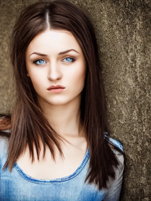 Image similar to hyperdetailed photo of a beautiful ukrainian girl with brown eyes and dark bob hairstyle, winds of winter, with plain jeans and t - shirt