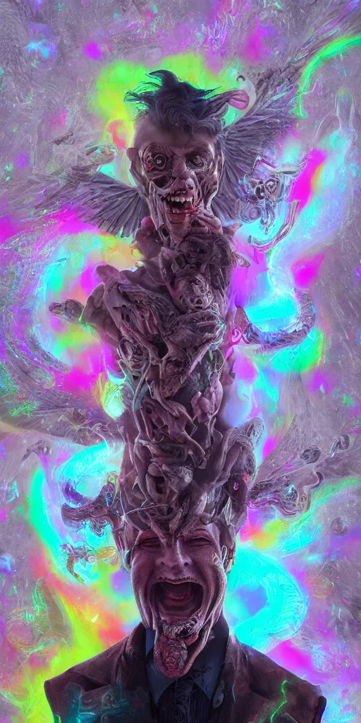 Image similar to impossibly beautiful portrait, dapper dream demon, snake man, wings, bad trip, insane smile, intricate complexity, surreal horror, inverted neon rainbow drip paint, trending on art station, photoreal, 8 k, octane render by greg rutkowski