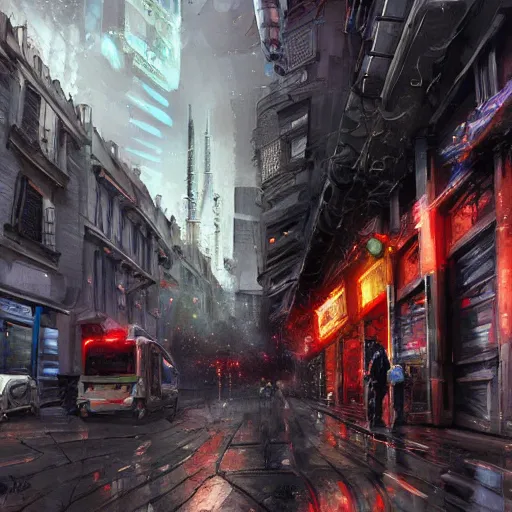 Prompt: Parisian cyberpunk street attacked by an alien spaceship, art by digital painting, beautiful detail and destruction