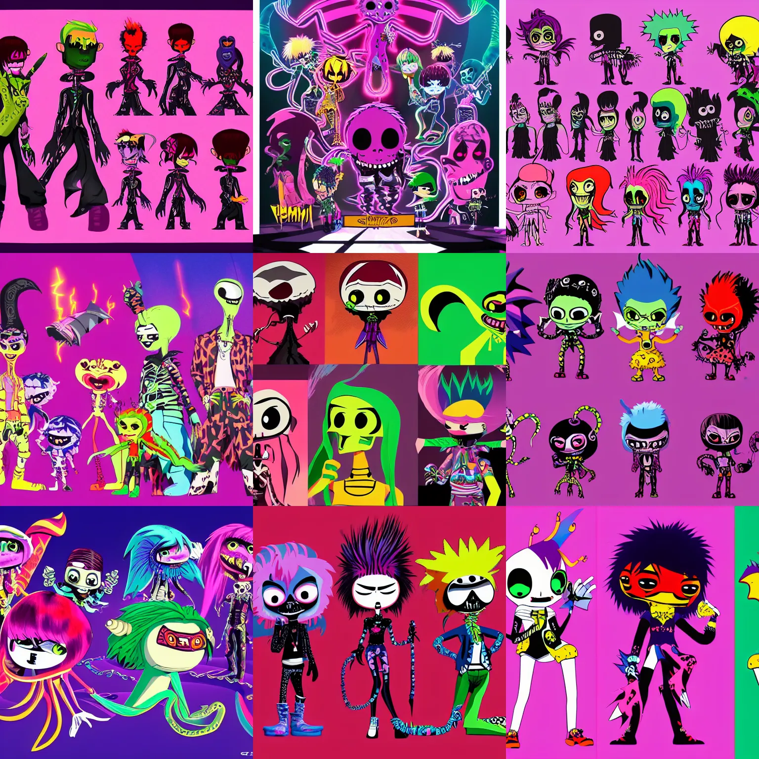 Prompt: CGI lisa frank gothic punk vampiric electrifying vampiric squid character designs of varying shapes and sizes by genndy tartakovsky and Jamie Hewlett from gorillaz high resolution, rtx