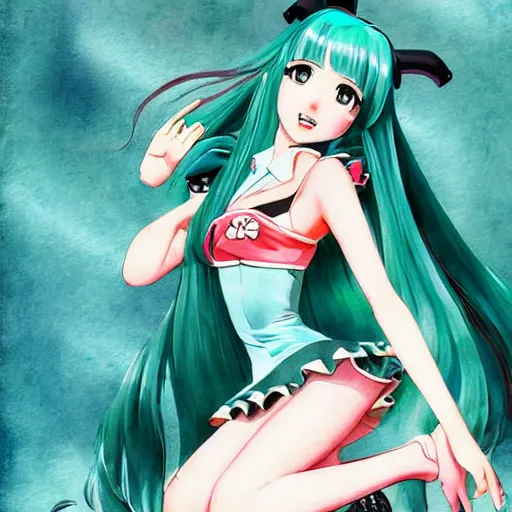 Image similar to Hatsune Miku full body pin up modeling in idol unioform, with a park in the back ground, post war style, detailed face, watercolor art style, by Gil Elvgren