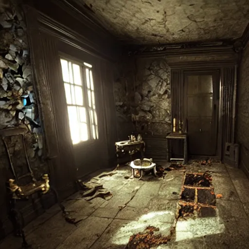 Prompt: room of a dark mansion, objects from ritual in the ground, realistic, highly detailed, hd, unreal engine, background of resident evil game