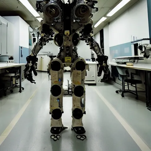 Image similar to a man in a mech suit walking in a lab, National Geographic photo, !!award-winning!!