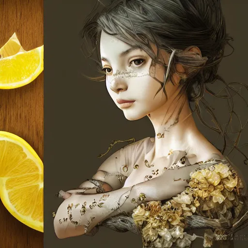 Image similar to the portrait of an absurdly beautiful, graceful, elegant, sophisticated, young girl made up of lemons, an ultrafine hyperdetailed illustration by kim jung gi, irakli nadar, intricate linework, bright colors, octopath traveler, final fantasy, unreal engine 5 highly rendered, global illumination, radiant light, detailed and intricate environment