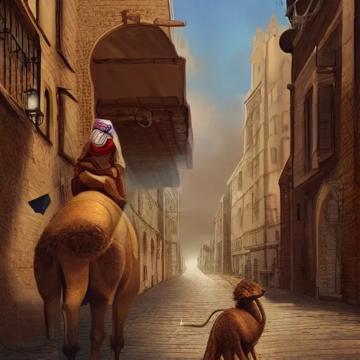 Prompt: A cute mouse riding a camel through a narrow street London, digital art, trending on Artstation