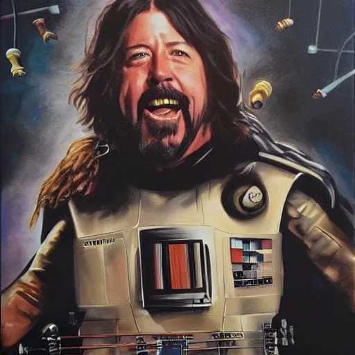 Prompt: wookie dave grohl, flying millenium falcon, hans solo playing drums in background, hyperrealism