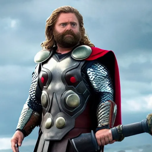 Prompt: zach galifianakis as Thor in Thor: Ragnarok