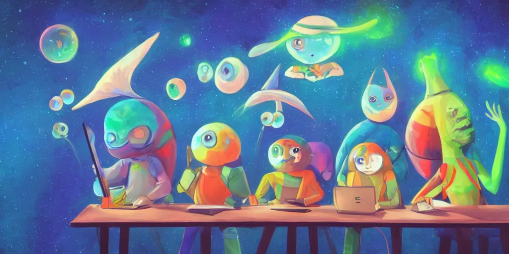 Prompt: a group of multi colored aliens with exasperated expressions sitting around a desk drawing on tablets, floating in the air on the back of a giant blue bird, sighing, ironic, painting, realistic, cinematic, trending on art station, mid shot, rim lighting