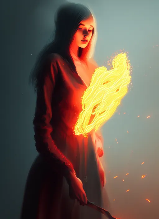Image similar to satan daughter, wearing, outfit, clothes, full body, fire, hell, lightning, pyromancer, intricate, elegant, highly detailed, digital painting, artstation, concept art, smooth, sharp focus, illustration, ethereal, misty, by ilya kuvshinov and jeremy mann, 8 k, octane render