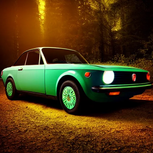 Image similar to fiat 1 2 4 in the dark forest, night, headlights are on, professional photography, vaporwave