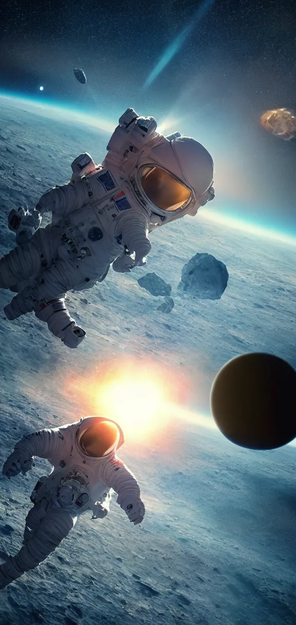 Image similar to photo of 8k ultra realistic astronaut riding an asteroid, nasa, clear sky, full of colour, cinematic lighting, battered, trending on artstation, 4k, hyperrealistic, focused, extreme details,unreal engine 5, cinematic, masterpiece, art by John Harris