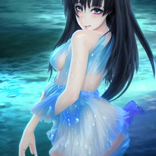 Image similar to advanced digital portrait painting photograph, a very beautiful anime girl wearing a dress made of water standing in a crystal lake , full body, very long black hair, azure blue watery eyes, full round face, seductive stare, cinematic lighting, medium shot, mid-shot, highly detailed, trending on artstation, Unreal Engine 4k, Stanley Artgerm Lau, WLOP, Rossdraws, James Jean, Andrei Riabovitchev, Marc Simonetti, and Sakimichan