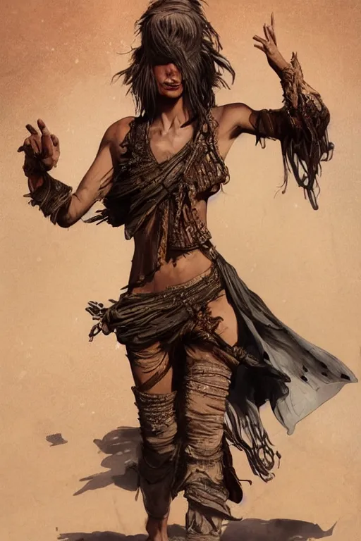 Image similar to a full body portrait of a beautiful post apocalyptic offworld desert bedouin thief savage rogue in beggars clothes in ballet pose by the emerald oasis pools, intricate, elegant, highly detailed, digital painting, artstation, concept art, smooth, sharp focus, illustration, art by krenz cushart and artem demura and alphonse mucha