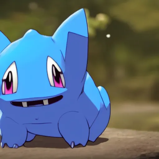 Prompt: a blue bulbasaur ~ water powers ~ realistic ~ trending ~ cinematic ~