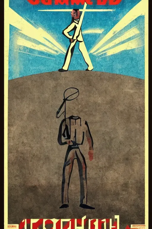 Image similar to “A man with a metal detector on a field. Word METAL written in Cyrillic letters. Soviet propaganda poster in the style of Dmitry Moor”