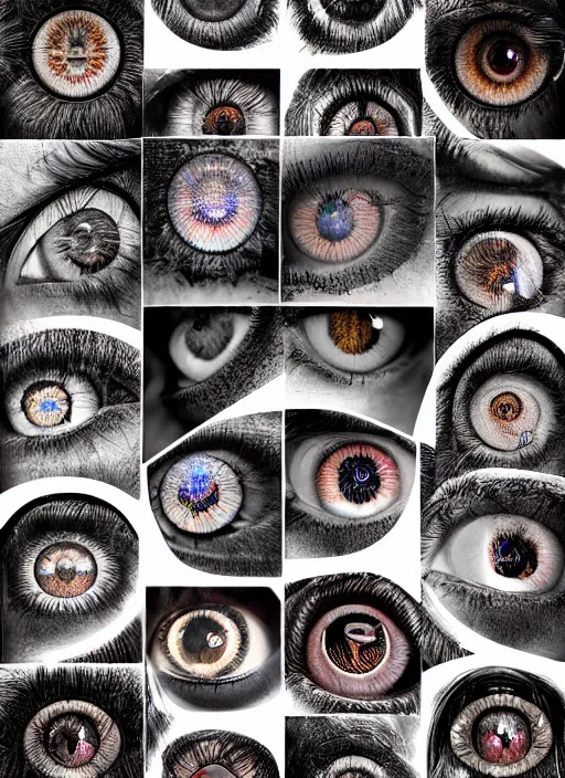 Image similar to montage, human irises!, happy smiling, centered thin ring iris, detailed textures, eyelashes, advanced art, art styles mix, from wikipedia, wet relections, hd macro photograph, grid of eye shapes