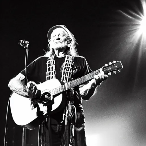 Image similar to willie nelson on stage, four fingers holding guitar. god rays through fog.