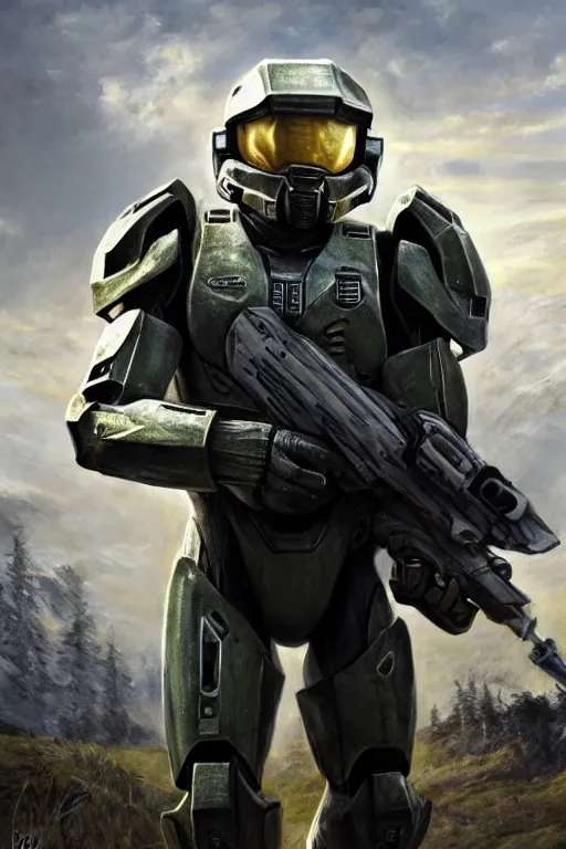 Image similar to master chief playing as asland in narnia, oil on canvas, intricate, portrait, 8 k highly professionally detailed, hdr, cgsociety