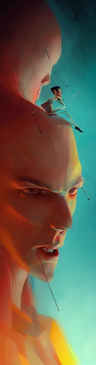 Prompt: a post - minimalism portrait of a magical triangle glass head, extremely long forehead being sucked into void, with very long legs vibrant color scheme, highly detailed, in the style of romanticism, cinematic, artstation, moebius, greg rutkowski