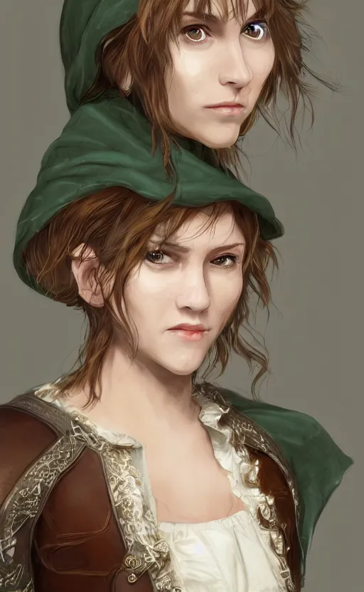 Image similar to a beautiful woman, beauty, high cheek bones, half smile, mischievous, bard, brown hair, messy hairstyle, short hair, cream colored peasant shirt, brown pants, leather boots, dark green cloak, round hood, elf ears, youthful, white background, proportionate, by John Howe, single face, trending on artstation, realistic, highly detailed, masterpiece