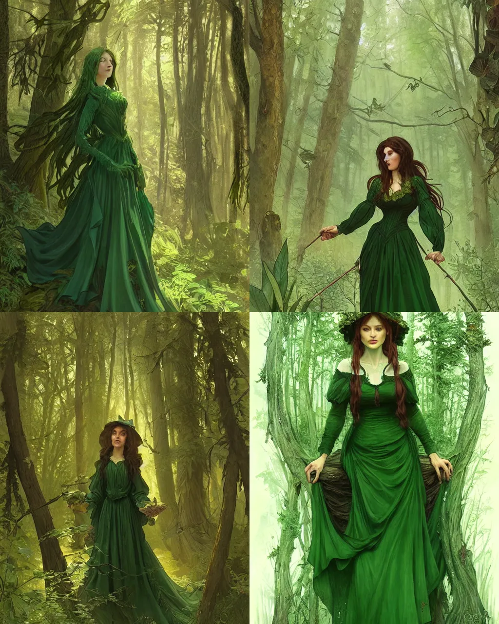 Prompt: beautiful cottagecore witch wearing a beautiful green dress, intricate, magical forest, stunning, highly detailed, digital painting, artstation, concept art, smooth, sharp, focus, illustration, art by artgerm and greg rutkowski and alphonse mucha