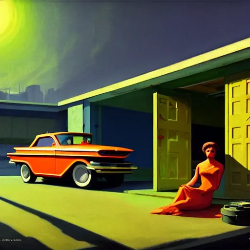 Image similar to a cinematic matte painting of a boxy 1 9 6 0 s retro - futurism sci - fi car with solar panels on roof and doors in a cluttered garage in mumbai. by edward hopper, glennray tutor and greg rutkowski. trending on artstation.