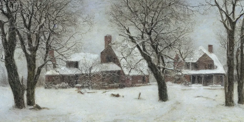 Image similar to a house during a severe winter, by george henry durrie, tree swaying, snow falling