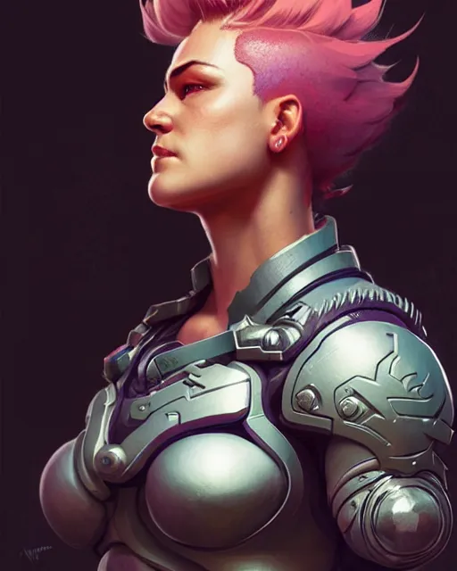 Image similar to zarya from overwatch, character portrait, concept art, intricate details, highly detailed by greg rutkowski, michael whelan and gustave dore