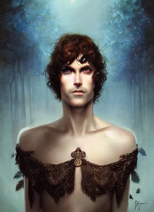 Image similar to a sinister portrait of a man with beautiful blue eyes and short brown hair, art by manuel sanjulian and tom bagshaw