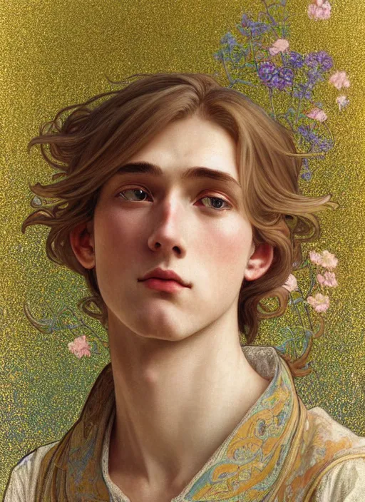 Image similar to pretty young man with shoulder length shiny shimmering golden blond hair, half body shot, emotional, decorative flower patterned background, path traced, highly detailed, high quality, digital painting, by studio ghibli and alphonse mucha, leesha hannigan, hidari, disney, jules bastien - lepage