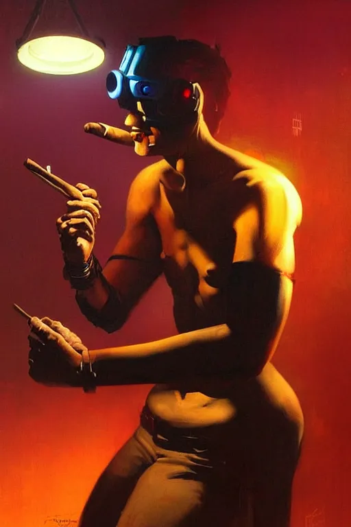 Image similar to An android lighting a single cigar in a cyberpunk setting, by Frank Frazetta, dramatic lighting, high contrast colours, as trending on Artstation, highly detailed,