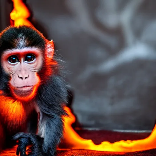 Prompt: a monkey with glowing lava fur running around a room