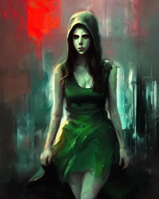 Image similar to Jeremy Mann art, artgerm, Mandy Jurgens art, cinematics lighting, beautiful Anna Kendrick supervillain, green dress with a black hood, angry, symmetrical face, Symmetrical eyes, full body, flying in the air over city, night time, red mood in background