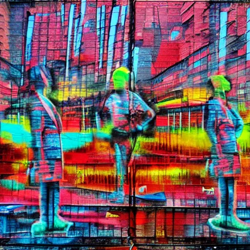 Image similar to a couple of people standing in front of a building, graffiti art by andre de krayewski, featured on flickr, crayon art, dystopian art, multiple exposure, glitch art