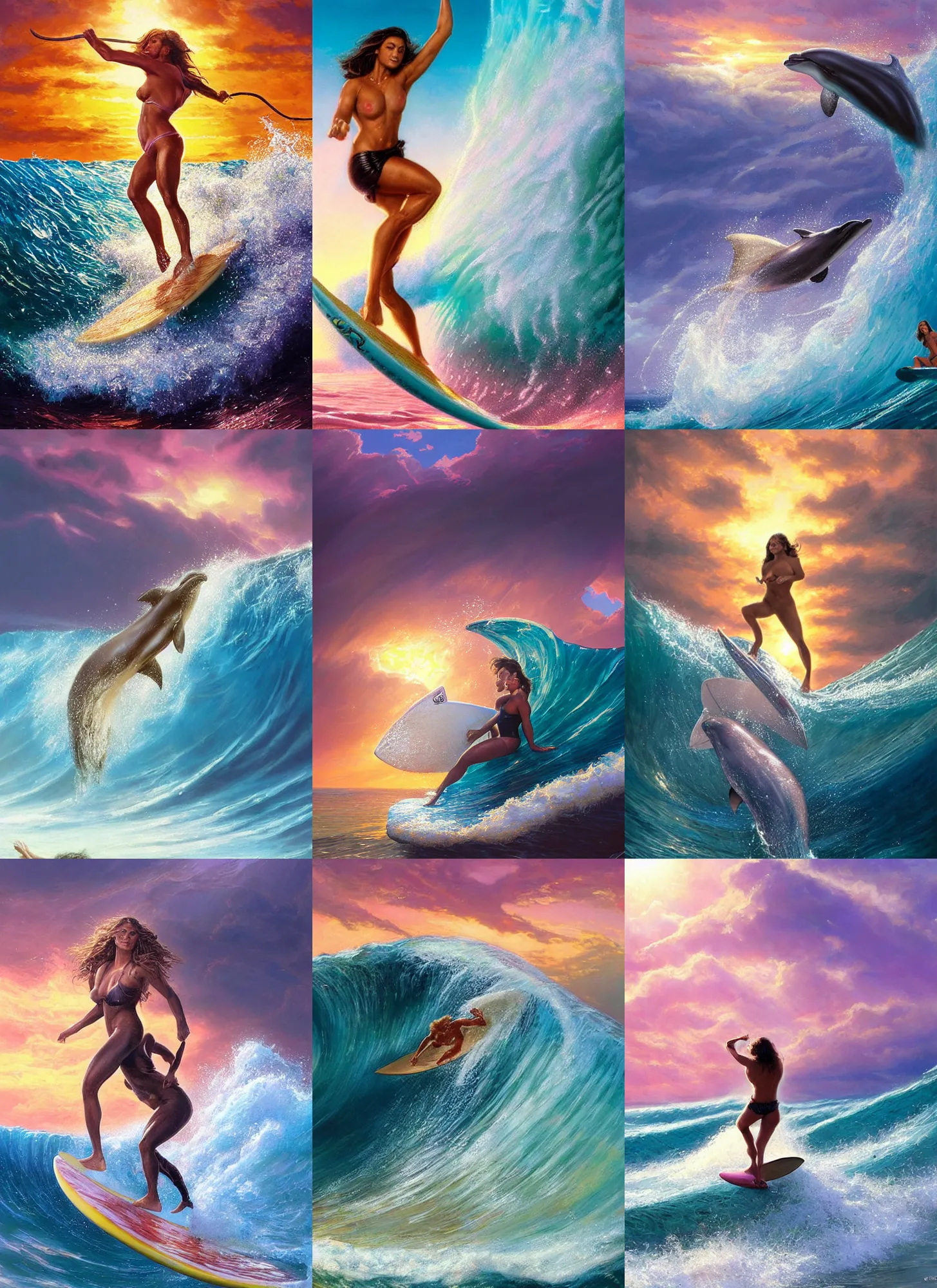 Prompt: epic portrait of muscled Mila Kunis surfing a dolphin on a big translucent wave, sun rays across sky, pink golden hour, stormy coast, intricate, highly detailed, shallow depth of field, tentacles in the distance, epic vista, Ralph Horsley, Daniel F. Gerhartz, Artgerm, Boris Villajo, Lilia Alvarado