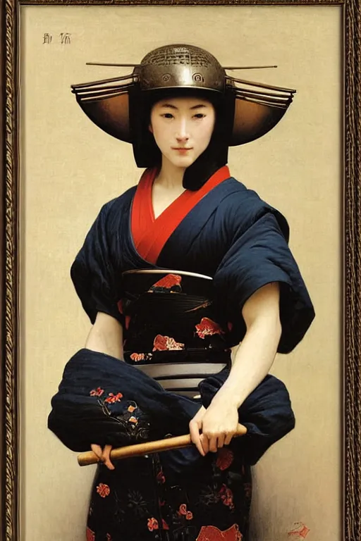 Image similar to portrait of a woman in samurai helmets, by bouguereau