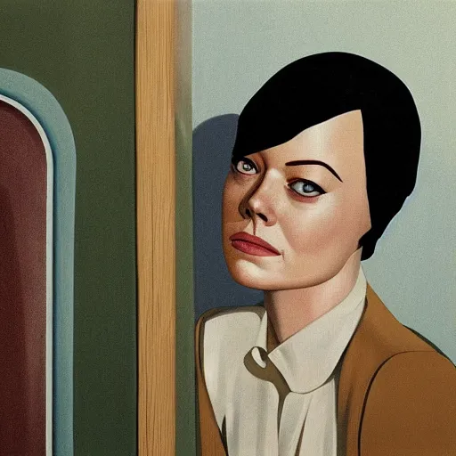 Image similar to emma stone in soviet public toilet, sharp focus, detailed, art by grant wood