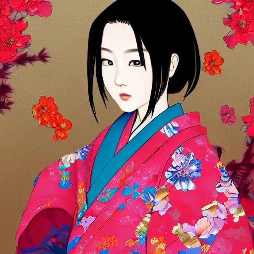 Image similar to centered portrait of beautiful Japanese girl in kimono, hyperdetailed, digital painting, trending on Artstation, anime style coloring